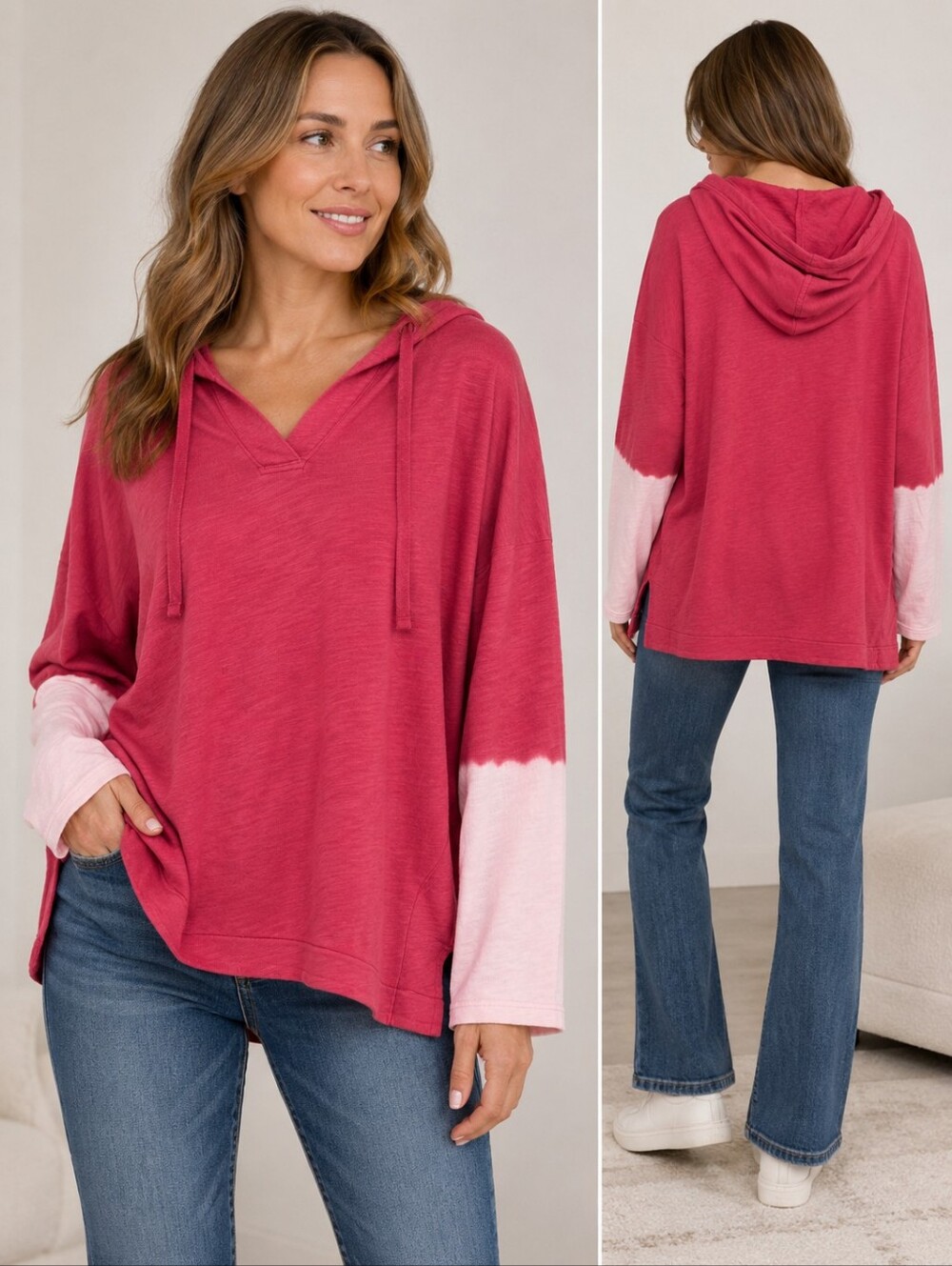 J.Jill XL Pink Tie Dye Hoodie Coastal Boho Lounge Oversized Cotton Tunic Beachy